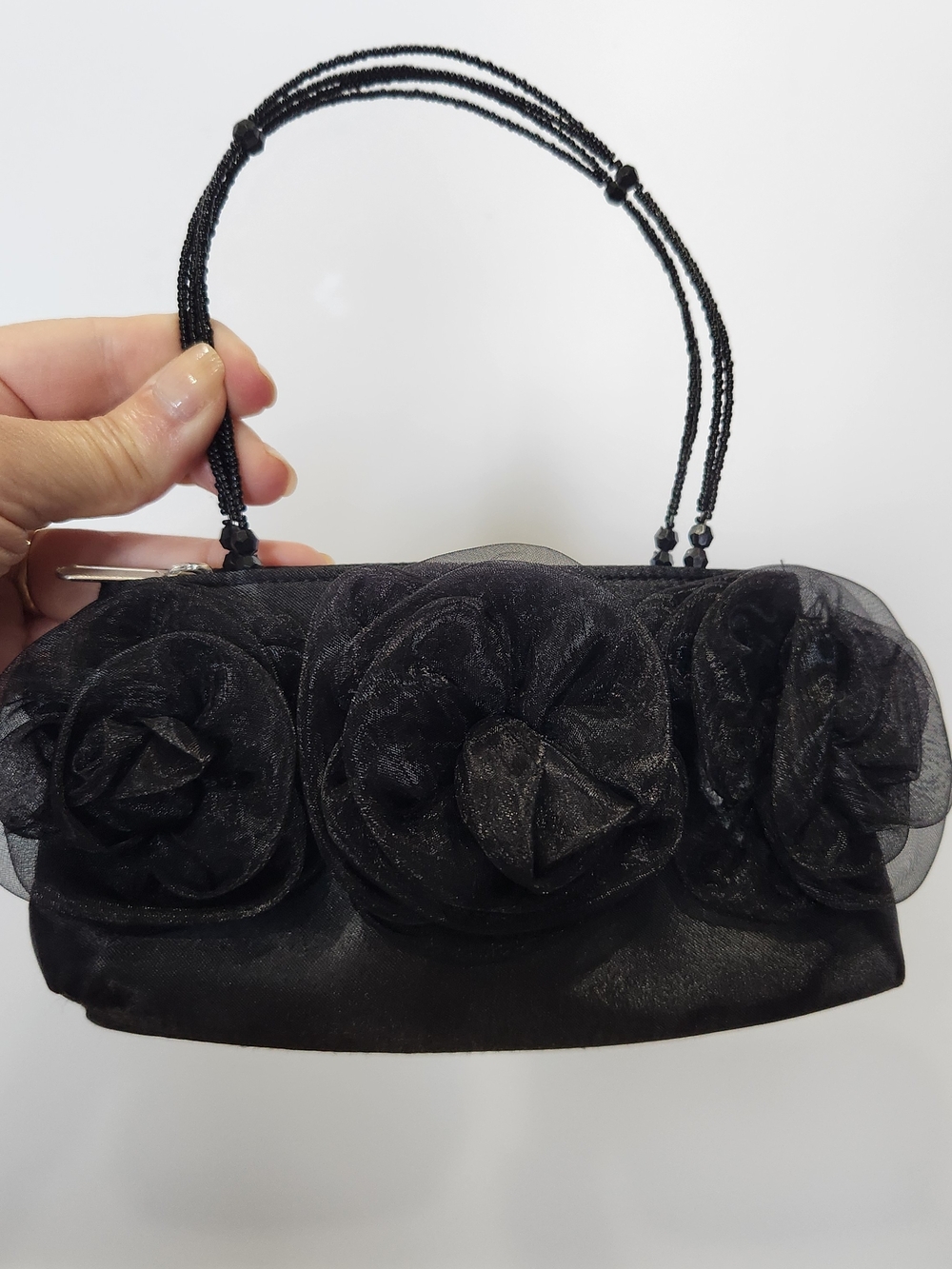 NWOT Small Black Floral Beaded Handle Evening Clutch